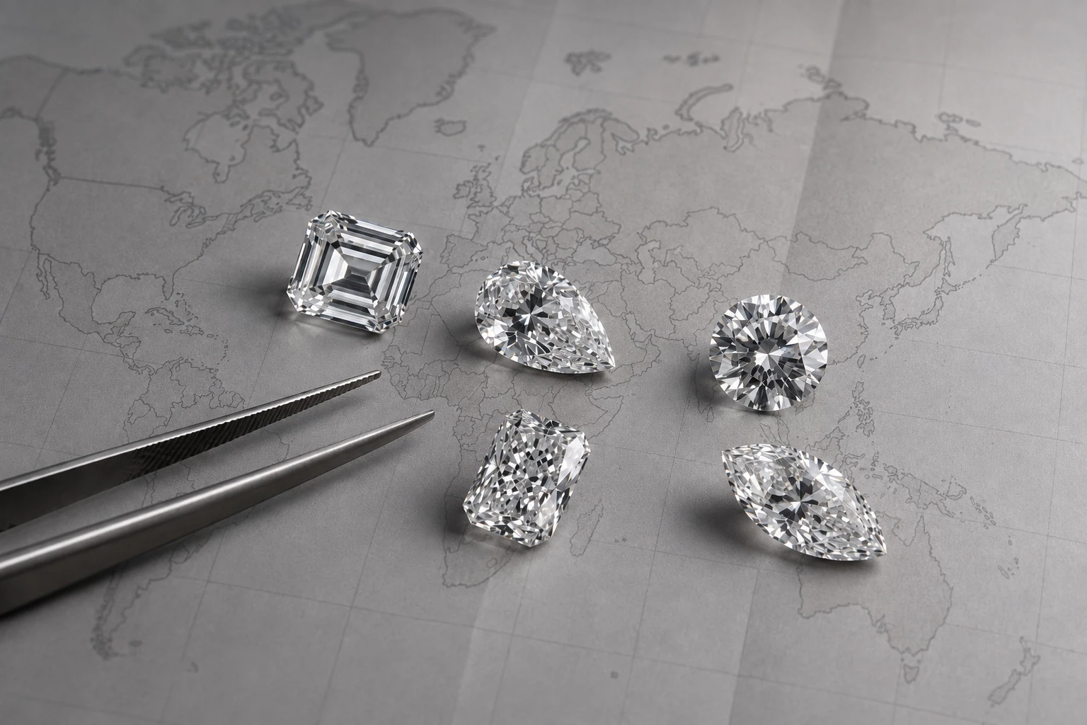 Diamanti di diversi tagli su una mappa mondiale: la filiera corta di Diamond House