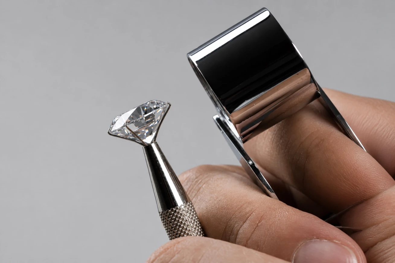 Diamante osservato con lente gemmologica e pinzetta: selezione individuale Diamond House a Roma