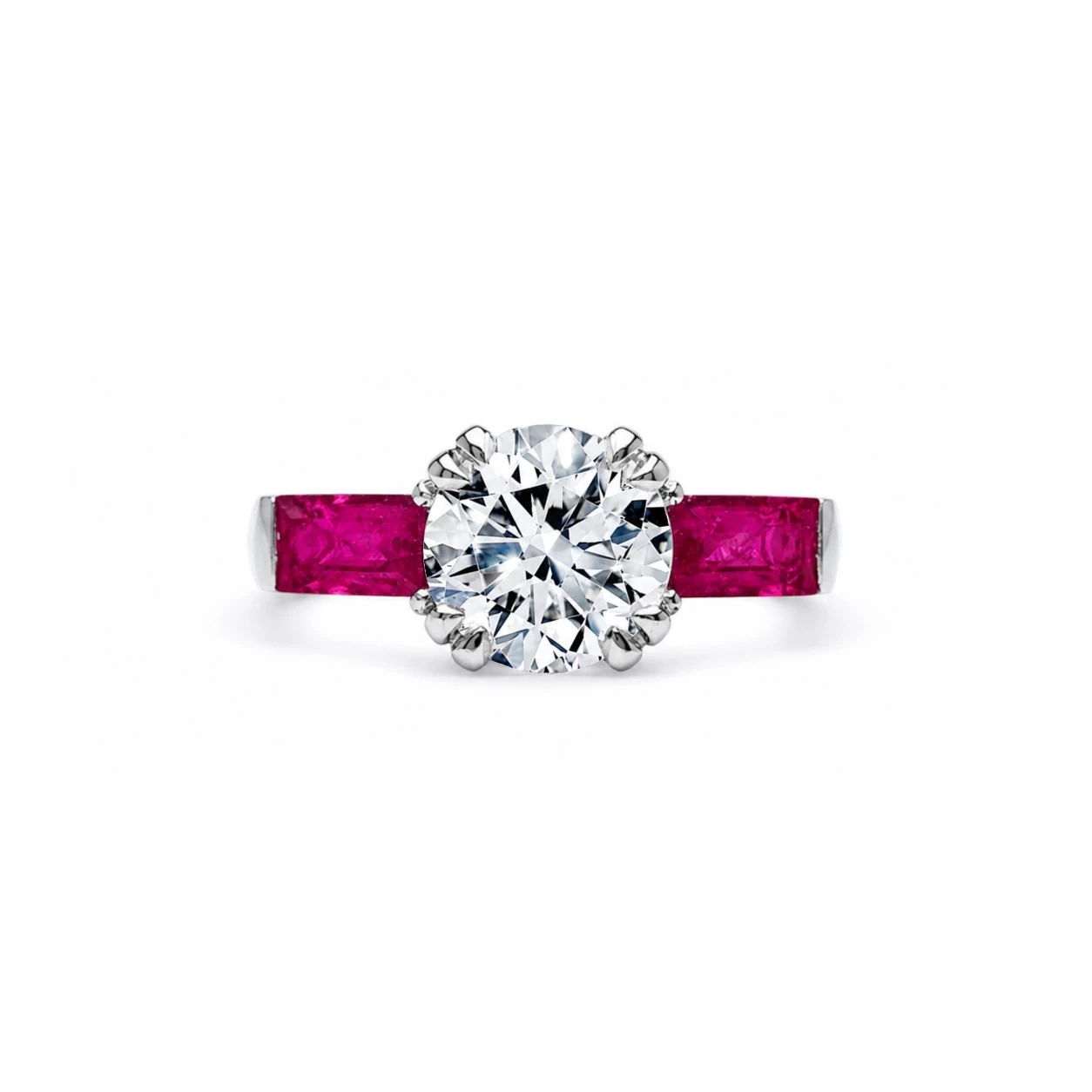 Anello Solitario con Diamante e Rubini taglio baguette — vista 1