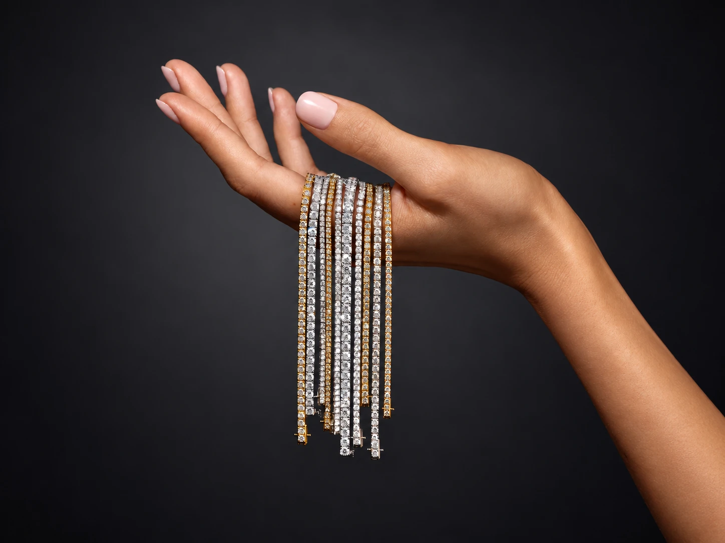 Bracciali tennis con diamanti in oro bianco e giallo sostenuti da una mano su fondo antracite