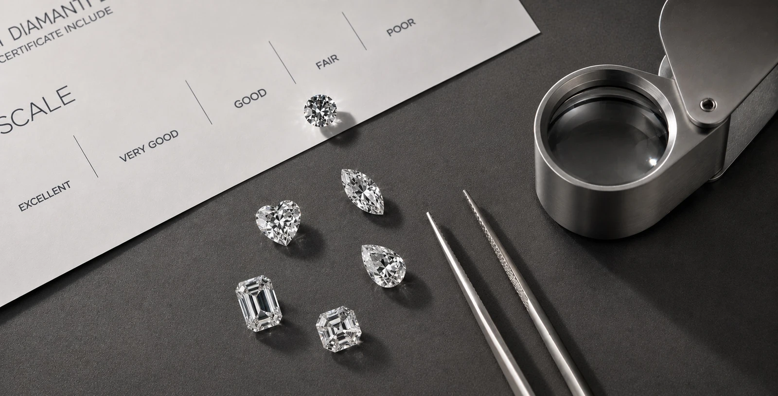 Diamanti di forme diverse, lente e pinzette per la selezione gemmologica